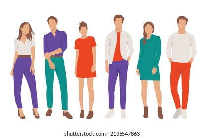  Set of young men and women, different colors, cartoon character, group of silhouettes of standing business people, students, the design concept of flat icon, isolated on white background
