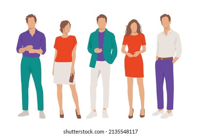  Set of young men and women, different colors, cartoon character, group of silhouettes of standing business people, students, the design concept of flat icon, isolated on white background
