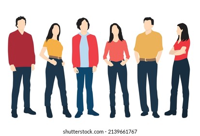  Set of young men and women, different colors, cartoon character, group of silhouettes of standing business people, students, the design concept of flat icon, isolated on white background