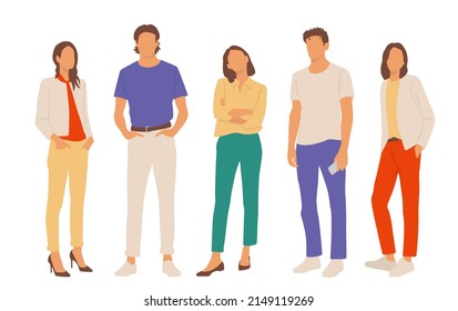  Set of young men and women, different colors, cartoon character, group of silhouettes of standing business people, students, the design concept of flat icon, isolated on white background