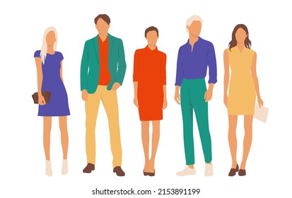  Set of young men and women, different colors, cartoon character, group of silhouettes of standing business people, students, the design concept of flat icon, isolated on white background