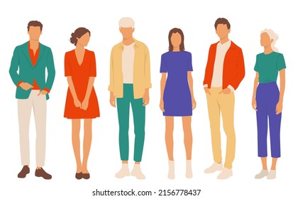  Set of young men and women, different colors, cartoon character, group of silhouettes of standing business people, students, the design concept of flat icon, isolated on white background