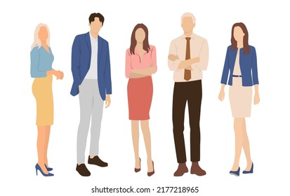  Set of young men and women, different colors, cartoon character, group of silhouettes of standing business people, students, the design concept of flat icon, isolated on white background