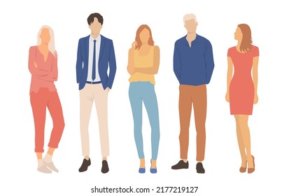  Set of young men and women, different colors, cartoon character, group of silhouettes of standing business people, students, the design concept of flat icon, isolated on white background