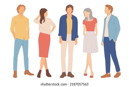  Set of young men and women, different colors, cartoon character, group of silhouettes of walking business people, students, the design concept of flat icon, isolated on white background