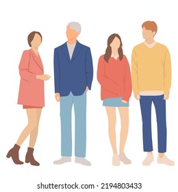  Set of young men and women, different colors, cartoon character, group of silhouettes of standing business people, students, the design concept of flat icon, isolated on white background