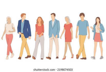  Set of young men and women, different colors, cartoon character, group of silhouettes of walking business people, students, the design concept of flat icon, isolated on white background