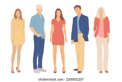  Set of young men and women, different colors, cartoon character, group of silhouettes of standing business people, students, the design concept of flat icon, isolated on white background