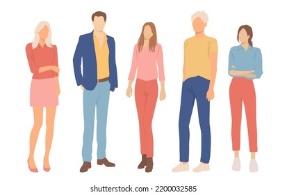  Set of young men and women, different colors, cartoon character, group of silhouettes of standing business people, students, the design concept of flat icon, isolated on white background