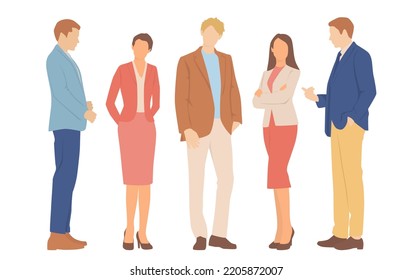  Conjunto de hombres y mujeres jóvenes, diferentes colores, personaje de caricatura, grupo de siluetas de hombres de negocios de pie, estudiantes, el concepto de diseño de icono plano, aislado en fondo blanco