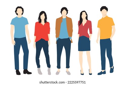  Set of young men and women, different colors, cartoon character, group of silhouettes of standing business people, students, the design concept of flat icon, isolated on white background