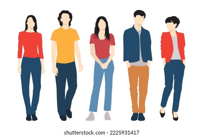  Set of young men and women, different colors, cartoon character, group of silhouettes of standing business people, students, the design concept of flat icon, isolated on white background