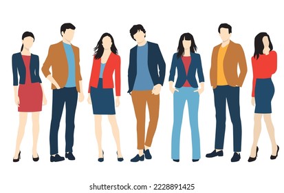  Set of young men and women, different colors, cartoon character, group of silhouettes of standing business people, students, the design concept of flat icon, isolated on white background