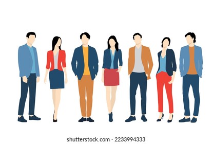  Set of young men and women, different colors, cartoon character, group of silhouettes of standing business people, students, the design concept of flat icon, isolated on white background