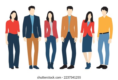  Set of young men and women, different colors, cartoon character, group of silhouettes of standing business people, students, the design concept of flat icon, isolated on white background