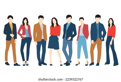  Set of young men and women, different colors, cartoon character, group of silhouettes of standing business people, students, the design concept of flat icon, isolated on white background