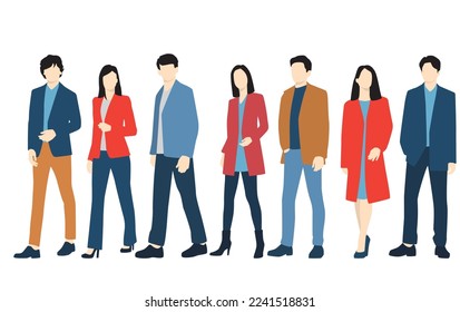  Conjunto de hombres y mujeres jóvenes, diferentes colores, personaje de caricatura, grupo de siluetas de hombres de negocios de pie, estudiantes, el concepto de diseño de icono plano, aislado en fondo blanco