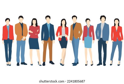  Conjunto de hombres y mujeres jóvenes, diferentes colores, personaje de caricatura, grupo de siluetas de hombres de negocios de pie, estudiantes, el concepto de diseño de icono plano, aislado en fondo blanco