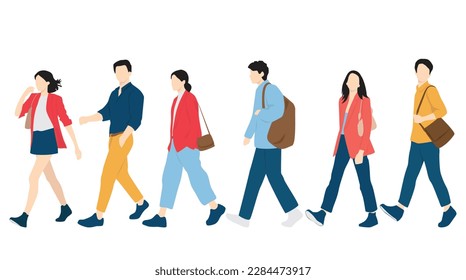  Set of young men and women, different colors, cartoon character, group of silhouettes of walking business people, students, the design concept of flat icon, isolated on white background