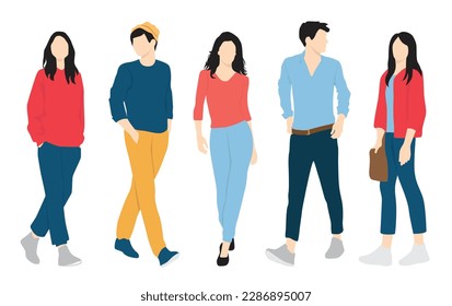  Set of young men and women, different colors, cartoon character, group of silhouettes of walking business people, students, the design concept of flat icon, isolated on white background