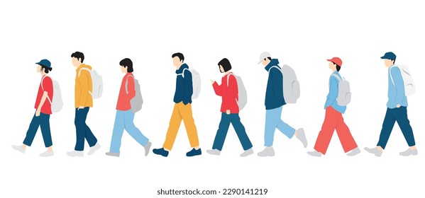  Set of young men and women, different colors, cartoon character, group of silhouettes of walking business people, students with backpack, the design concept of flat icon, isolated on white background