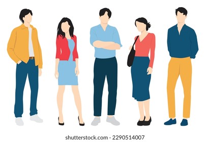  Set of young men and women, different colors, cartoon character, group of silhouettes of standing business people, students, the design concept of flat icon, isolated on white background