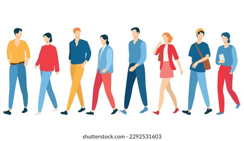  Set of young men and women, different colors, cartoon character, group of silhouettes of walking business people, students, the design concept of flat icon, isolated on white background