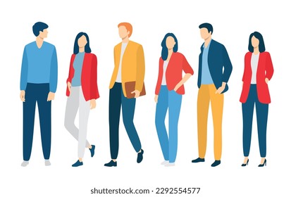  Set of young men and women, different colors, cartoon character, group of silhouettes of standing business people, students, the design concept of flat icon, isolated on white background