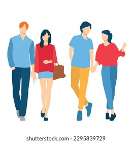  Set of young men and women, different colors, cartoon character, group of silhouettes of standing business people, students, design concept of flat icon, isolated on white background
