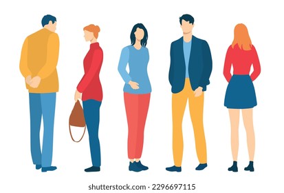  Set of young men and women, different colors, cartoon character, group of silhouettes of standing business people, students, the design concept of flat icon, isolated on white background