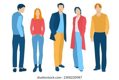  Set of young men and women, different colors, cartoon character, group of silhouettes of standing business people, students, the design concept of flat icon, isolated on white background