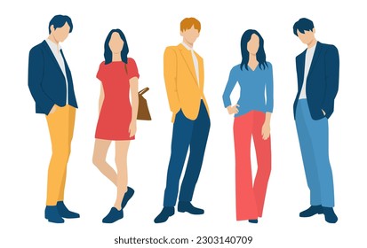  Set of young men and women, different colors, cartoon character, group of silhouettes of standing business people, students, the design concept of flat icon, isolated on white background