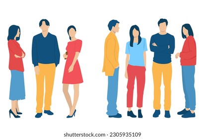  Set of young men and women, different colors, cartoon character, group of silhouettes of standing business people, students, the design concept of flat icon, isolated on white background