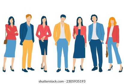  Set of young men and women, different colors, cartoon character, group of silhouettes of standing business people, students, the design concept of flat icon, isolated on white background