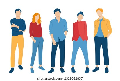  Set of young men and women, different colors, cartoon character, group of silhouettes of standing business people, students, the design concept of flat icon, isolated on white background