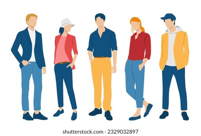  Set of young men and women, different colors, cartoon character, group of silhouettes of standing business people, students, the design concept of flat icon, isolated on white background