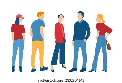  Set of young men and women, different colors, cartoon character, group of silhouettes of standing business people, students, the design concept of flat icon, isolated on white background