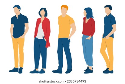  Set of young men and women, different colors, cartoon character, group of silhouettes of standing business people, students, the design concept of flat icon, isolated on white background