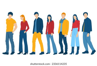  Set of young men and women, different colors, cartoon character, group of silhouettes of standing business people, students, the design concept of flat icon, isolated on white background