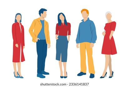  Set of young men and women, different colors, cartoon character, group of silhouettes of standing business people, students, the design concept of flat icon, isolated on white background