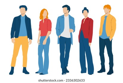  Set of young men and women, different colors, cartoon character, group of silhouettes of standing business people, students, the design concept of flat icon, isolated on white background