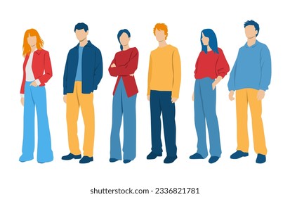  Set of young men and women, different colors, cartoon character, group of silhouettes of standing business people, students, the design concept of flat icon, isolated on white background