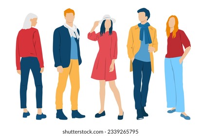  Set of young men and women, different colors, cartoon character, group of silhouettes of standing business people, students, the design concept of flat icon, isolated on white background