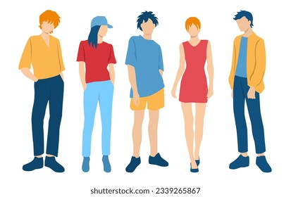  Set of young men and women, different colors, cartoon character, group of silhouettes of standing business people, students, the design concept of flat icon, isolated on white background