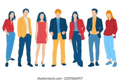  Set of young men and women, different colors, cartoon character, group of silhouettes of standing business people, students, the design concept of flat icon, isolated on white background