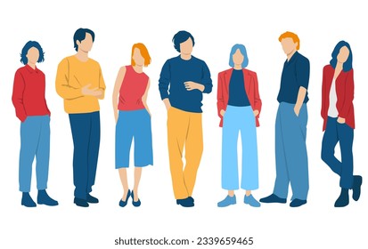  Set of young men and women, different colors, cartoon character, group of silhouettes of standing business people, students, the design concept of flat icon, isolated on white background