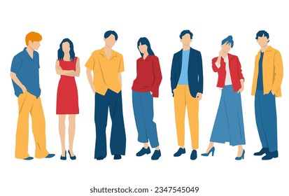  Set of young men and women, different colors, cartoon character, group of silhouettes of standing business people, students, the design concept of flat icon, isolated on white background