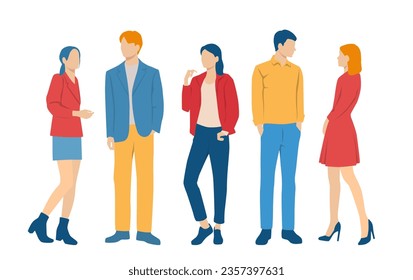  Conjunto de hombres y mujeres jóvenes, diferentes colores, personaje de caricatura, grupo de siluetas de hombres de negocios de pie, estudiantes, el concepto de diseño de icono plano, aislado en fondo blanco