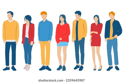  Set of young men and women, different colors, cartoon character, group of silhouettes of standing business people, students, the design concept of flat icon, isolated on white background