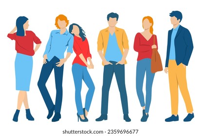  Set of young men and women, different colors, cartoon character, group of silhouettes of standing business people, students, the design concept of flat icon, isolated on white background